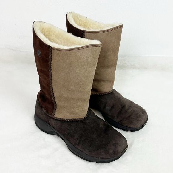 Merrell Suede Boots Mid Calf Winter Two Tone Faux Fur Lined 8 Brown - Picture 13 of 13